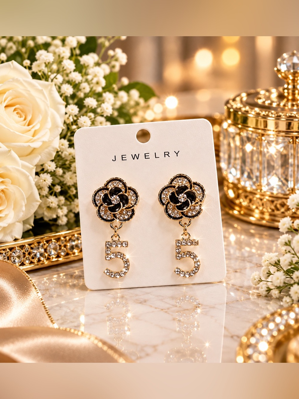 ✨ NEW ✨ Gold & Black Rhinestone Flower '5' Drop Earrings ✨